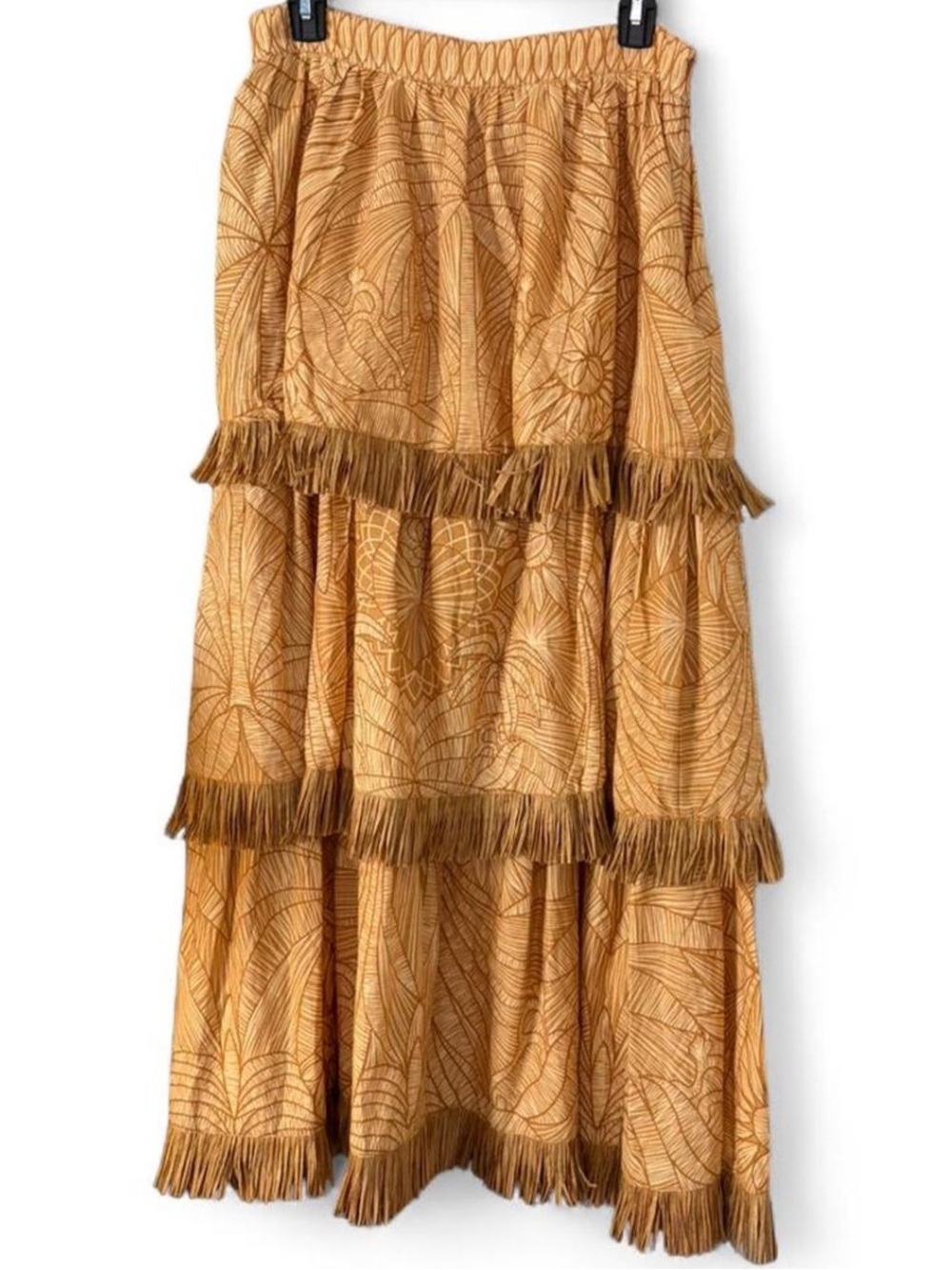 FARM Rio Cobogó tiered maxi skirt with straw fringe